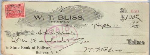 New York Bolivar Cancelled Check W. T. Bliss Attorney To State Bank of Bol~19