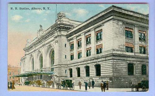 New York Albany RR Station View Large Stone Station w/Canopy Out Front Hor~208