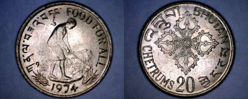 1974 Bhutan 20 Chetrum World Coin