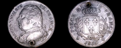 1815-Q French 5 Franc World Silver Coin - Louis XVIII - Holed