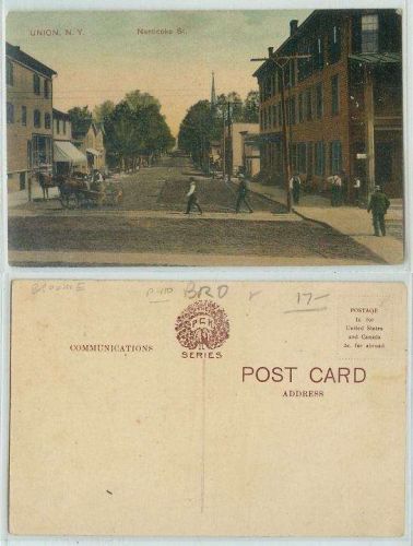 New York Union Nanticoke St. Street scene w/Horse and Wagon Men walking Ol~110