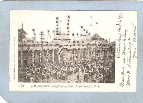 New York Coney Island Amusement Park Postcard Steeplechase Park Main Entra~379