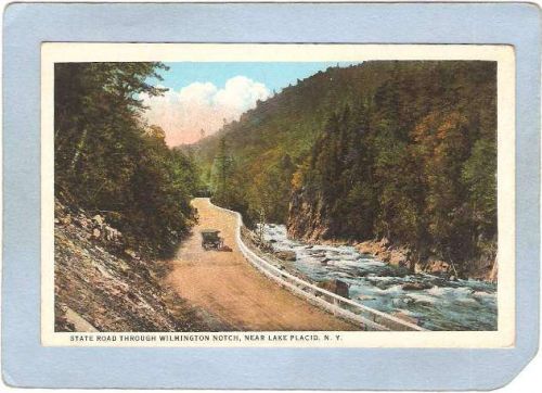 New York Lake Placid State Road Through Wilmington Notch w/Old Car ny_box5~1700