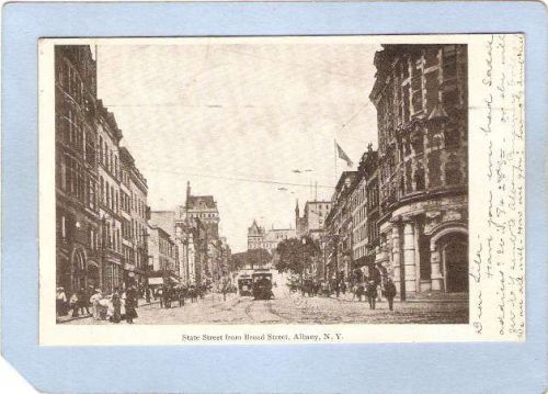 New York Albany State St From Broad St Street Scene w/Trolley Cars Horses ~824