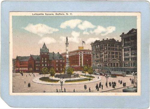 New York Buffalo Lafayette Square Street Scene w/Trolley Car & Old Cars ny~2602