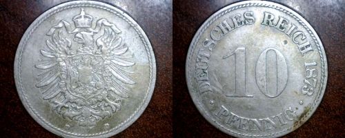 1873 D German 10 Pfennig World Coin - Germany