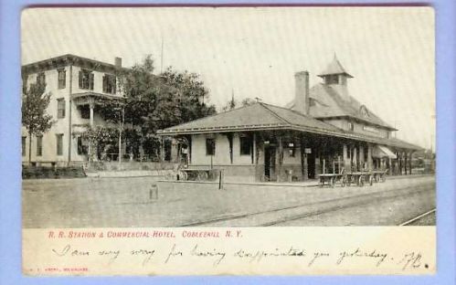 New York Cobleskill RR Station & Commercial Hotel Black & White View From ~215
