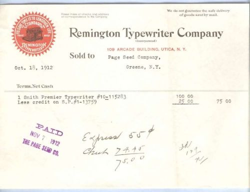 New York Utica Letterhead / Billhead Remington Typewriter Company 109 Arca~38