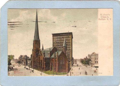New York Buffalo St Paul's Church Street Scene Intersection w/Horses & Wag~2649