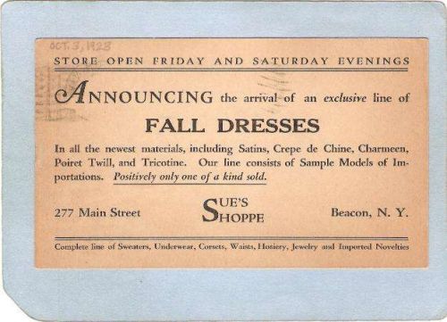 New York Beacon Advertising Postcard Sue's Shoppe 277 Main St ny_box4~2158