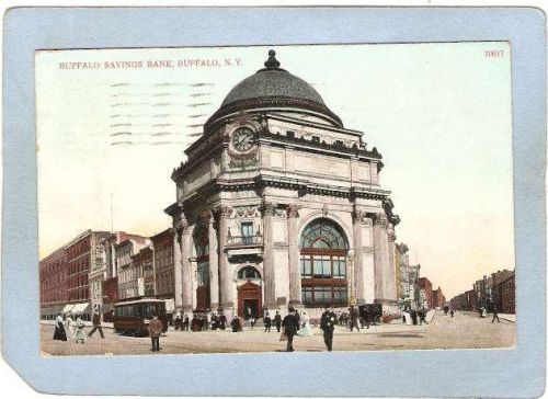 New York Buffalo Buffalo Savngs Bank Street Scene Intersection w/Trolley C~2705