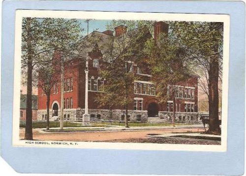 New York Norwich High School Tree Lined Street Scene w/Horse & Wagon ny_bo~1128