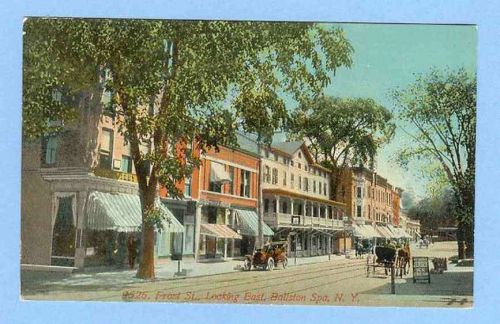 New York Ballston Spa Front St Looking East Street Scene Paved Road w/Trol~303
