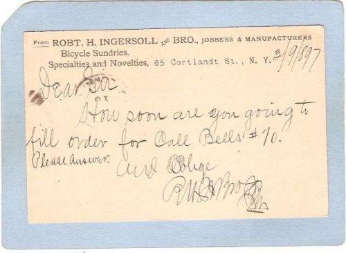 New York Cortland Sport Bicycle Penny Post Card From Robert H Ingersoll & ~332