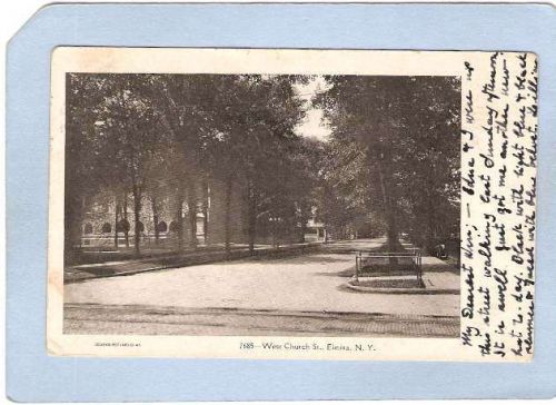 New York Elmira West Church St Tree Lined Street Scene Intersection w/Trol~1103