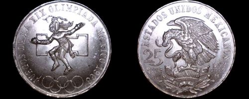 1968 Mexican 25 Peso World Silver Coin - Mexico Olympics