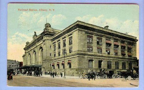 New York Albany Railroad Station Street Scene View Large Old Stone Station~209