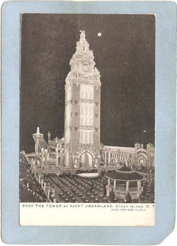 New York Coney Island Amusement Park Postcard Dreamland Tower At Night top~415