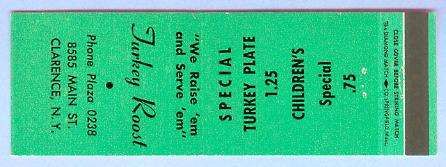 New York Clarence Matchcover Advertising Turkey Roost 8585 Main St Clarenc~163