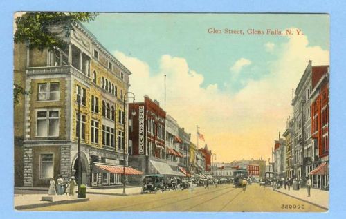 New York Glens Falls Glen St Street Scene w/Trolley Tracks and Trolley Car~397
