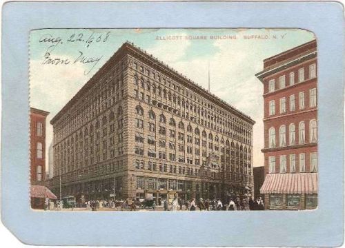 New York Buffalo Ellicott Square Building Street Scene w/Trolley Car & Hor~2869