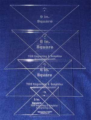 4 Piece Square Set 3",6",8", 9"- 1/8" Acrylic - Quilting Templates- No seam