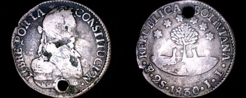 1830-PTS JL Bolivian 2 Soles World Silver Coin - Bolivia - Holed