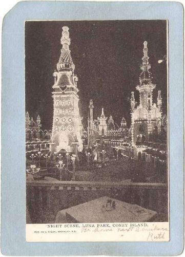 New York Coney Island Amusement Park Postcard Luna Park Night Scene Undivi~463