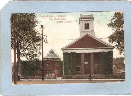 New York Port Richmond Dutch Reformed Church Street Scene w/Trolley Tracks~32