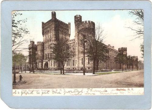 New York Buffalo 74th Regiment Armory N G Street Scene Intersection w/Trol~2777