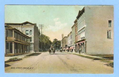 New York Owego Main St Unpaved Road w/Old Buildings Horses and Wagons Roto~366