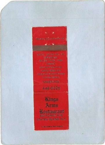 New York Staten Island Matchcover Kings Arms Restaurant 500 Forest Ave nyc~77