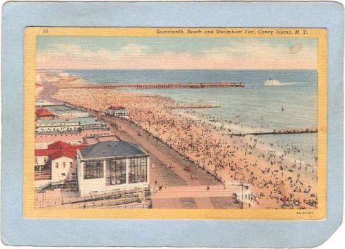 New York Coney Island Amusement Park Postcard Boardwalk Beach & Steamboat ~338