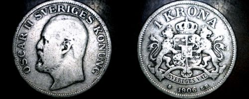 1906 Sweden 1 Kronor Krona World Silver Coin