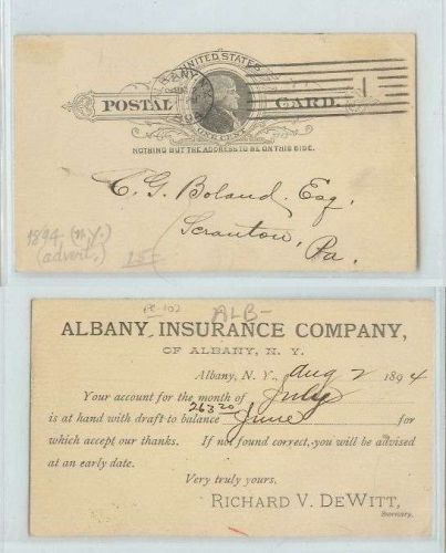 New York Albany Penny Postal Card Advertising Albany Insurance Co. Account~102