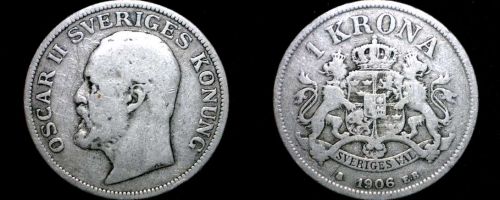 1906 Sweden 1 Kronor Krona World Silver Coin