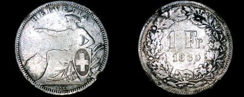 1860-B Swiss 1 Franc World Silver Coin - Switzerland - Mount Removed