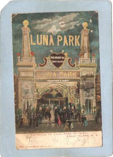 New York Coney Island Amusement Park Postcard Luna Park Entrance By Night ~419