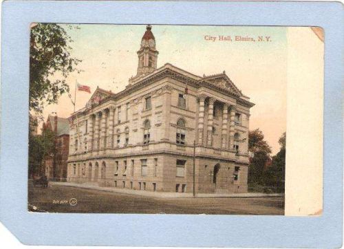 New York Elmira City Hall Street Scene Intersection w/Trolley Tracks Horse~1086