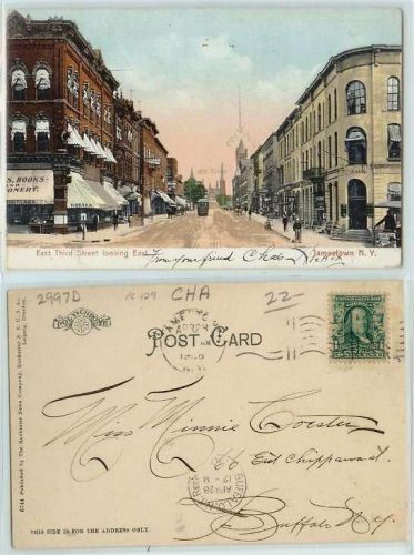 New York Jamestown East Third St. Looking East Trolley Car and Tracks Old ~129