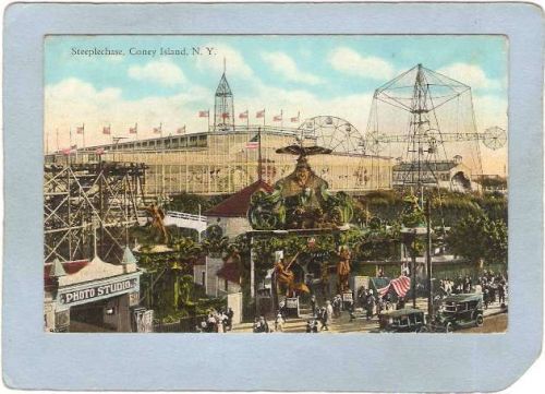 New York Coney Island Amusement Park Postcard Steeplechase Park w/Ferris W~388