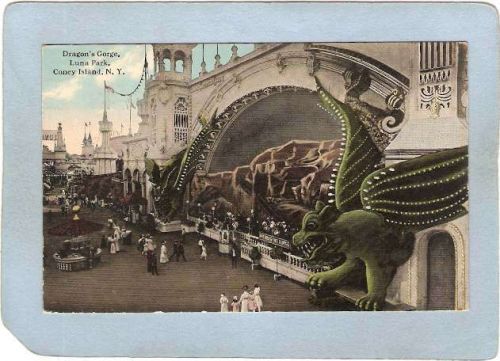 New York Coney Island Amusement Park Postcard Luna Park Dragon's Gorge top~427