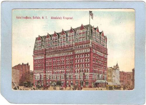 New York Buffalo Hotel Iroquois Street Scene Intersection w/Trolley Car Ol~2626