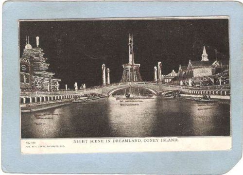 New York Coney Island Amusement Park Postcard Dreamland Night Scene w/Gold~398
