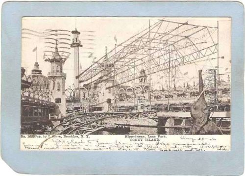 New York Coney Island Amusement Park Postcard Luna Park Hippodrome w/Gold ~457