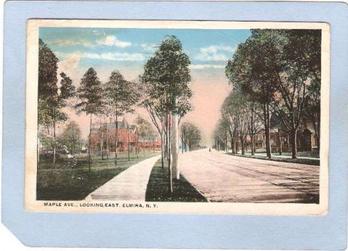 New York Elmira Maple Ave Looking East Tree Lined Street Scene w/Trolley T~1102