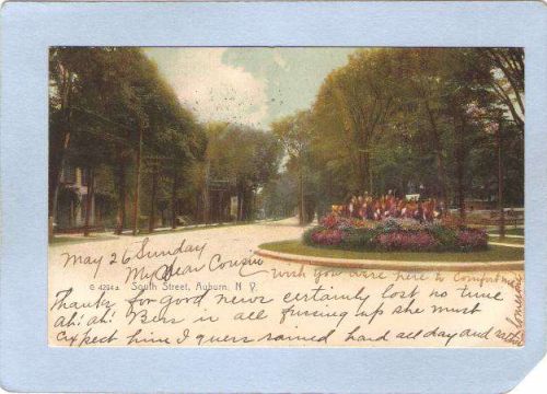 New York Auburn South Street Tree Lined Street Scene Rotary w/Flowers On I~817