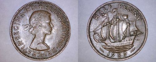 1959 Great Britain Half (1/2) Penny World Coin - UK - England