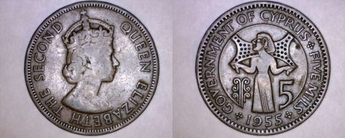 1955 Cyprus 5 Mils World Coin