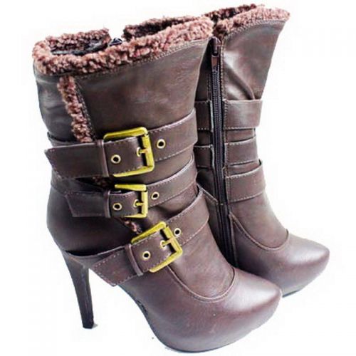 Twisted Women's Victoria 5" High Heel Buckle Ankle Boots Size 6.5-9 Solid Brown